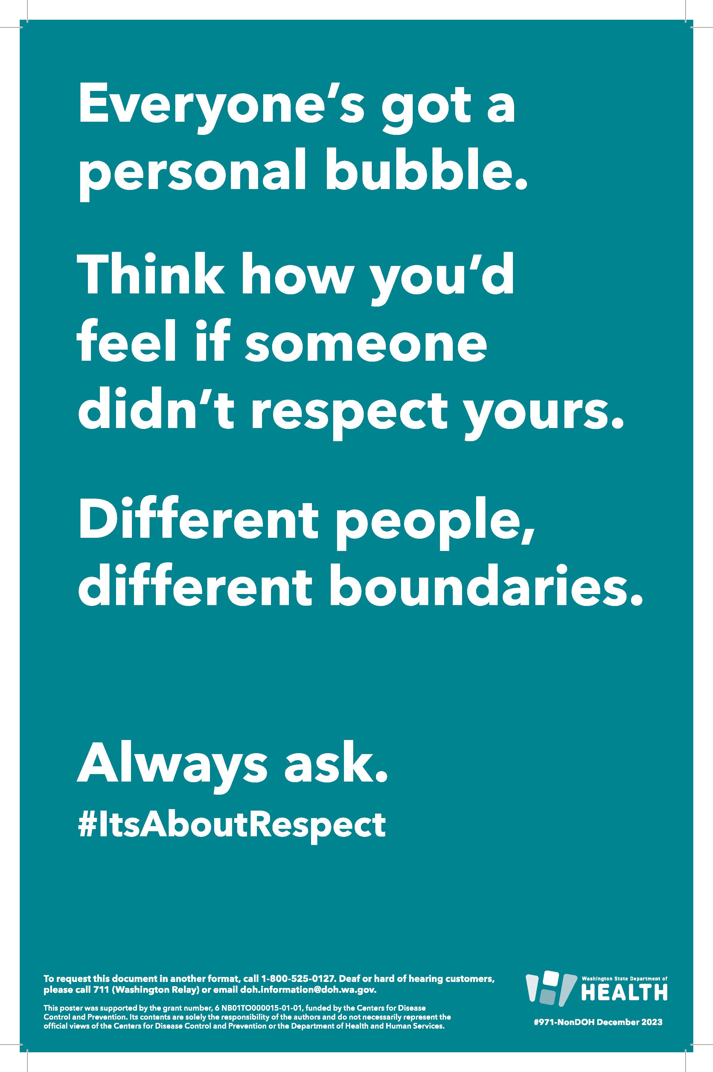 This poster image says “Everyone's got a personal bubble. Think how you'd feel if someone didn't respect yours. Different people, different boundaries. Always ask.” It features a cat in a plumed hat and the hashtag “it's about respect”.