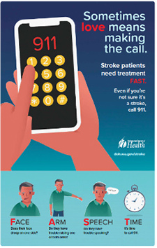 Poster with cell phone and finger pushing 011 and below showing man in green shirt exhibiting signs of stroke.