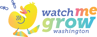 Watch me grow Washington logo. A yellow duckling in striped booties looks over his shoulder and smiles at a couple flying insects buzzing around.