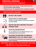 Red and pink sheet listing actions to take for fentanyl overdose
