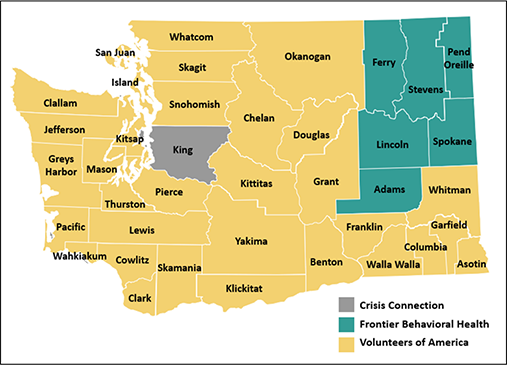 Альтернативный текст: Цветная карта штата Вашингтон, на которой округи раскрашены в цвета, соответствующие одному из кризисных контактных центров, который примет звонок, поступивший с номера с кодом района, входящим в зону ответственности этого центра.