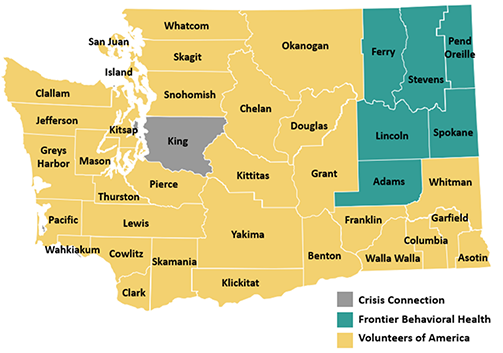 Теплова карта штату Вашингтон з округами, виділеними кольором відповідно до того, який кризовий контактний центр відповідатиме на дзвінки з їхніх телефонних кодів.