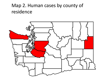 Map of Washington with counties that have cases of red nile virus in red.