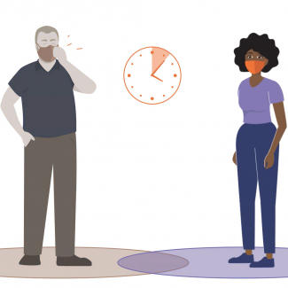 Illustration of two people in masks with a clock displaying time passed
