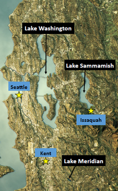 Map showing Lake Washington, Lake Sammamish, and Lake Meridian