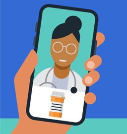 Phone graphic of a doctor and prescription bottle