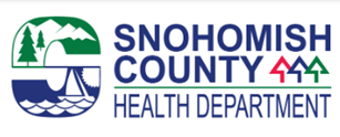 Snohomish County HEalth Department logo, blue letters, graphic of mountains and ocean