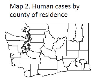 Map of Washington with county lines for residence of people who may get WNV in 2023.