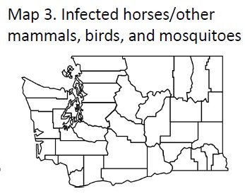 Map of Washington with county lines where we can show infected houses/other mammals, birds, and vector mosquitoes in 2023. 