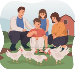 Family with outdoor chickens