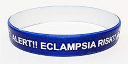 A dark blue wristband that says Alert!! Eclampsia Risk!!