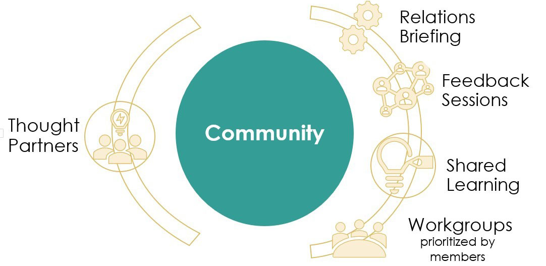 An image of the Community Collaborative structure that has thought partners, relations briefing, feedback sessions, shared learning and workgroups circled around a circle.