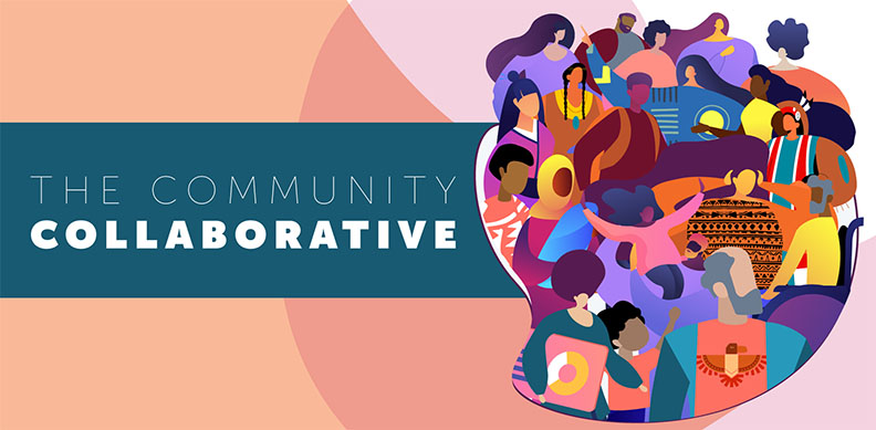 The community collaborative graphic of happy people raising their hands.