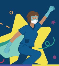 Cartoon woman in scrubs with star behind her