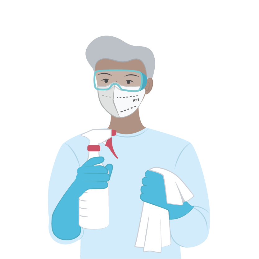 person with gloves, spray and mask for infection prevention