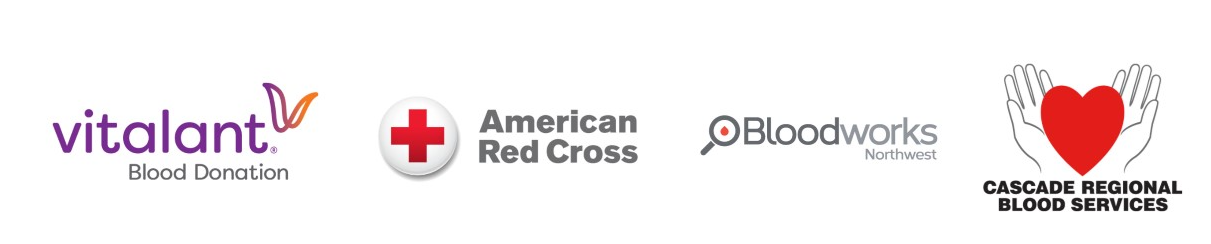 Vitalant Blood Donation, American Red Cross, Bloodworks Northwest, & Cascade Regional Blood Services Logo's