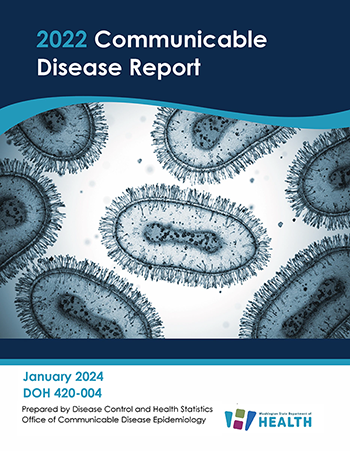 Blue and white image of microbes for Communicable Disease Report