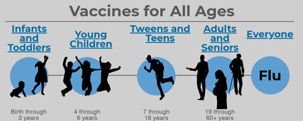 Vaccines for all ages - Infants and toddlers, young children, tweens and teens, adults and seniors, and everyone.
