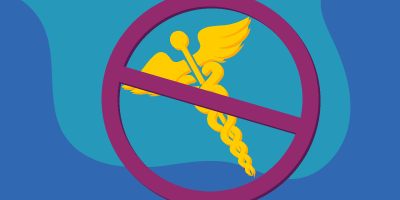 Caduceus with a general prohibition sign over it.