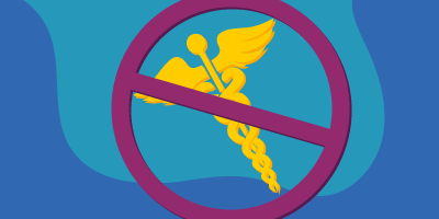 Caduceus with a general prohibition sign over it. 