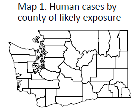 Human cases by county of likely exposure