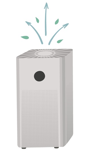 Portable air cleaner graphic with arrows to show air movement flowing out the top of the device.