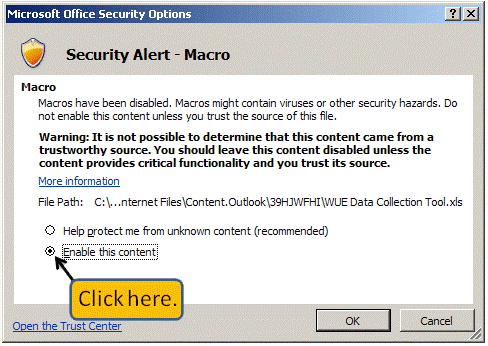 Image of a pop-up window showing a Macro security alert.