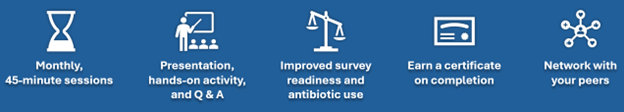 Skilled Nursing Facility Antimicrobial Stewardship Collaborative is a monthly, 45 minute session, presentation to improve survey readiness and antibiotic use, in which you can also earn a certificate and network with your peers.