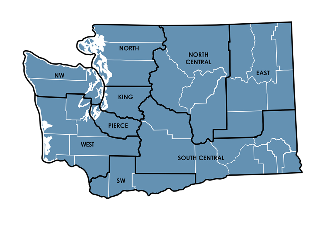 Care Connect regions map with services in these counties: Grays Harbor, Mason, Thurston, Pacific, Wahkiakum, Lewis, Cowlitz, Clark, Skamania, Clickitat, Yakima, Benton, Franklin, Adams, Lincoln, Ferry, Stevens, Pend Oreille, Spokane, King, Pierce, Snohomish, Skagit, Whatcom