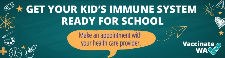 Chalkboard style graphic that says: Get your kid's immune sytem ready for school. Make an appointment with your health care provider