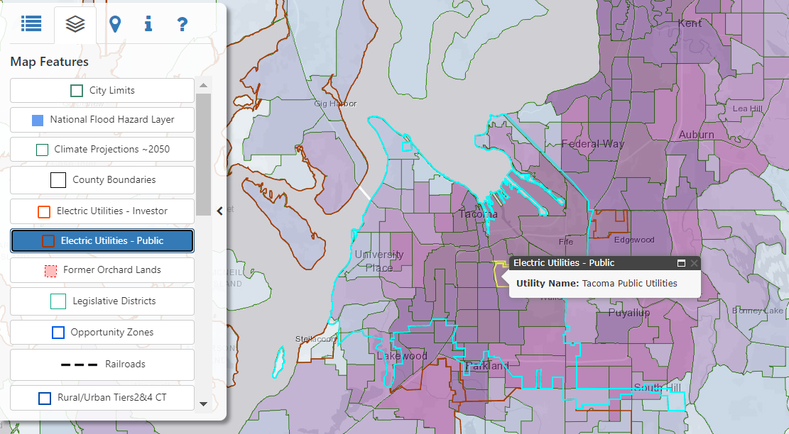 Environmental Health Disparities map with Electric Utilities - Public overlay selected and displayed