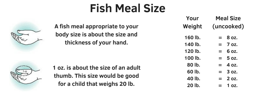 Fish Meal Size: A fish meal appropriate to your body size is about the size and thickness of your hand. One ounce is about the size of an adult thumb. This size would be good for a child that weighs 20 pounds. If your weight is 160 pounds, the uncooked fish meal size is 8 ounces. For 140 pounds it's 7 ounces. For 120 pounds it's 6 ounces. For 100 pounds it's 5 ounces. For 80 pounds it's 4 ounces. For 60 pounds it's 3 ounces. For 40 pounds it's 2 ounces. For 20 pounds it's 1 ounce.