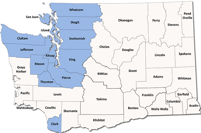 State map of counties with at least one on-site sewage system management area.