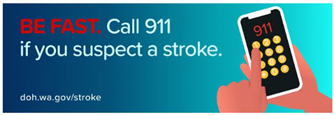 Hand holding cell phone while finger pushes 911 - BE FAST if you suspect a stroke.