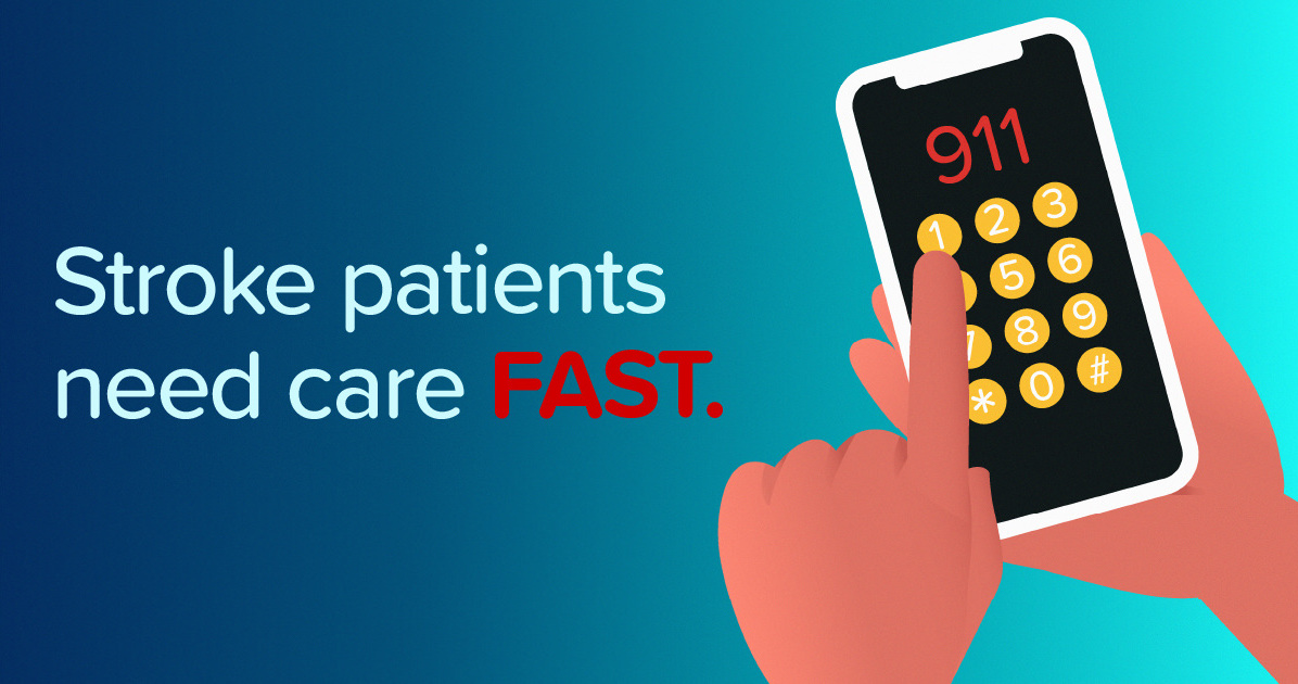 Stroke patients need care fast, call 911 - hand holding cell phone while finger pushes 911.
