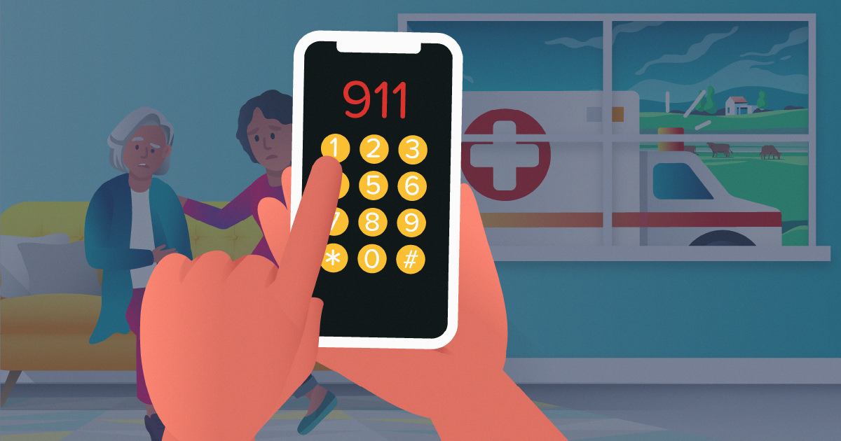 Cell phone in forefront, ambulance behind-Stroke patients need care fast, call 911 - hand holding cell phone while finger pushes 911.
