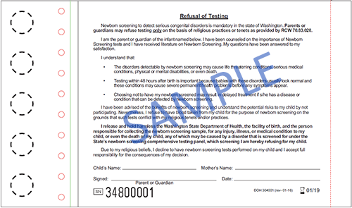 Refusal Text on the back side of Newborn Screening card