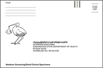 line drawing of stork carrying baby on envelop