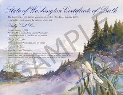 Sample colored heirloom birth certificate with landscape in background