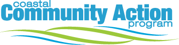 Logo with light blue text and green wavy lines underneath for Coastal Community Action