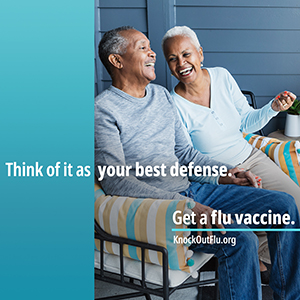 Photo of older couple with text: Think of it as: your best defense. Get a flu vaccine. Knockoutflu.org