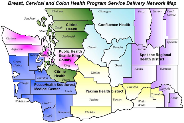 Image of Washington State showing the BCCHP Program Service Delivery Network