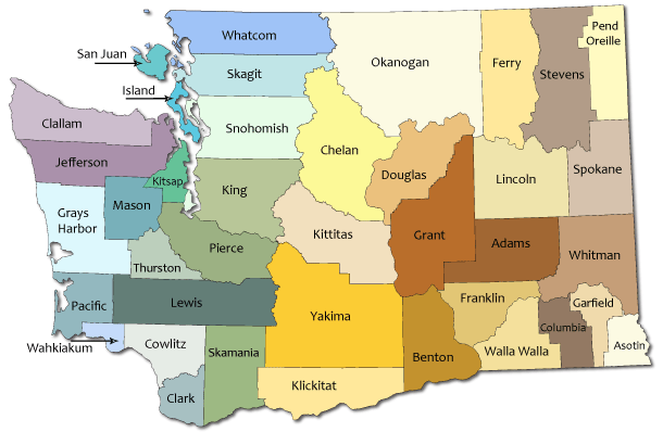 Map of Washington State with County Lines