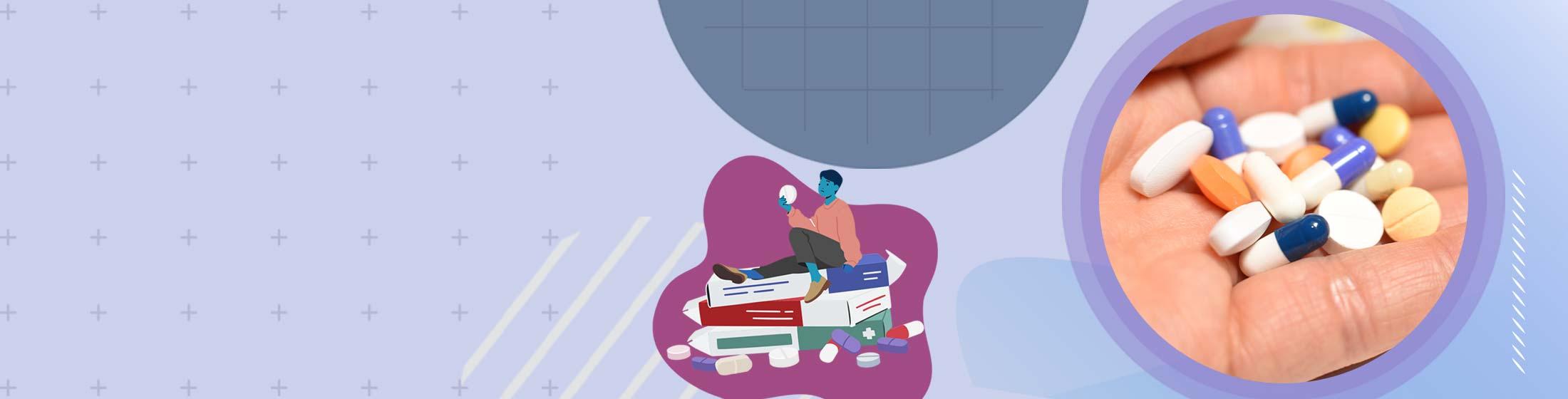 Illustration and image of prescription medication pills.