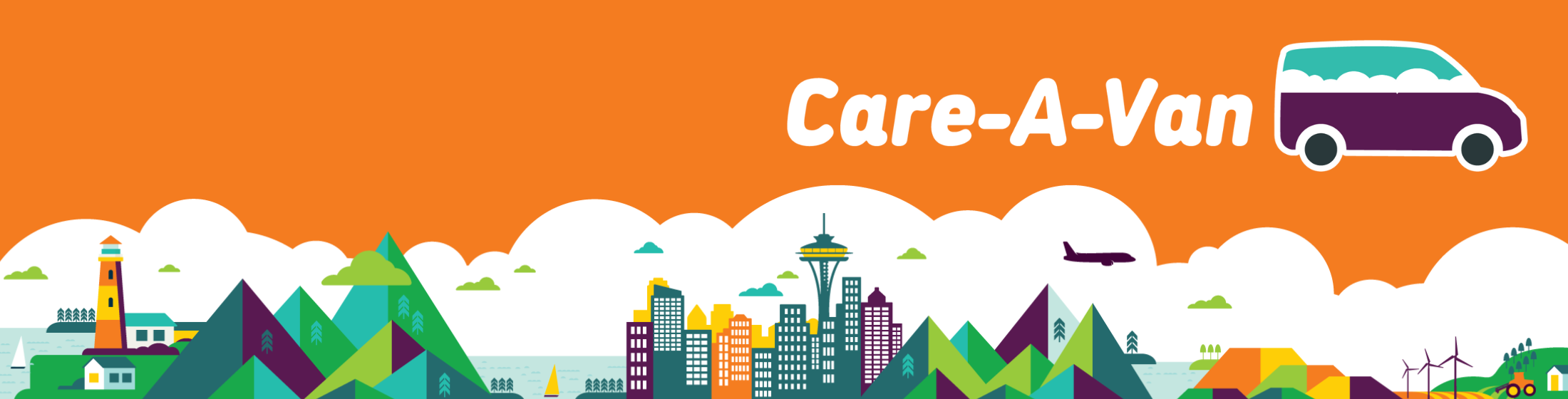 Illustrated Washington state cityscape with care-a-van logo.