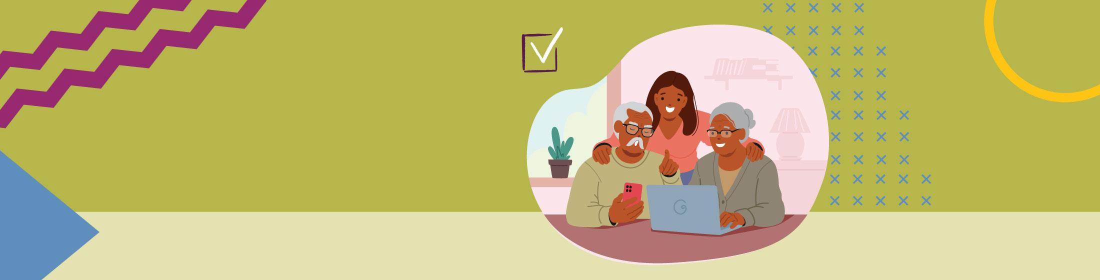 Illustration of two elderly family members using a computer that a younger family member is helping them with.