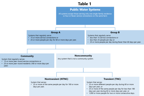 Table describing community and noncommunity water systems.