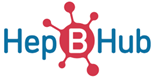 Hep B Hub logo, blue text with red hepatitis shape