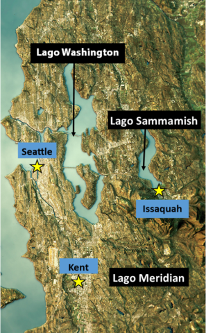 Spanish map of para el Lago Washington, el Lago Meridian, y el Lago Sammamish