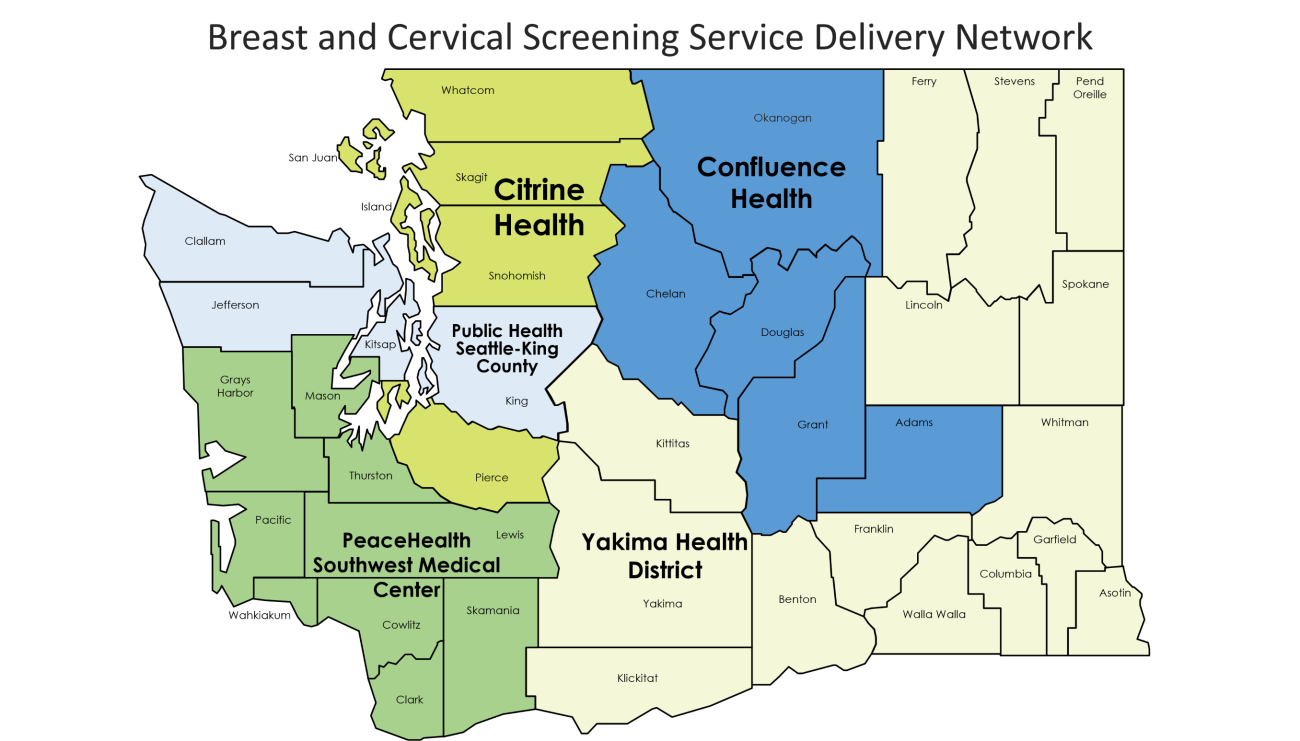 Image of Washington State showing the BCCHP Program Service Delivery Network